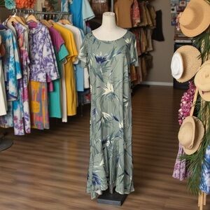 Hilo Hattie Hawaii Hawaiian Maxi Dress Rayon Sage Green Floral Womens Sz